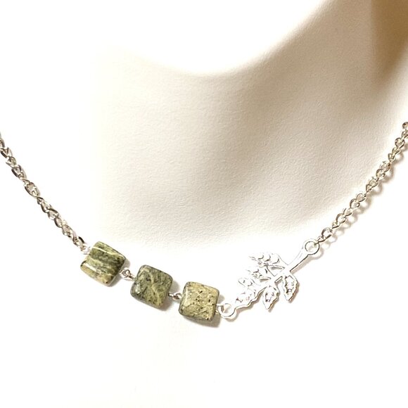2/$20 Dark Green Serpentine Leaf Branch Necklace,Genuine Gemstone StainlessChain - Picture 2 of 13